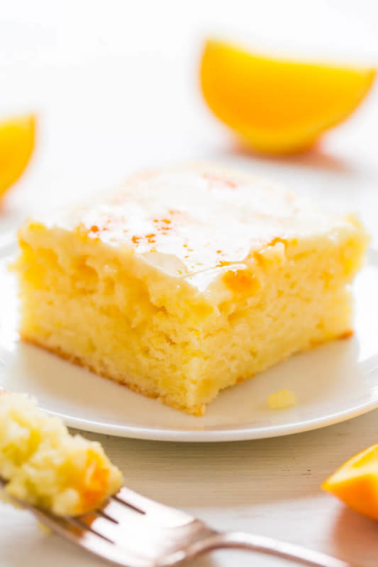 <p>Bold orange flavor in this easy, 100% from scratch, no mixer poke cake! Orange juice, orange extract and orange zest make this cake the best way ever to get your Vitamin C.</p><p><strong>Get the recipe: <a href="https://www.averiecooks.com/orange-poke-cake-honey-orange-glaze/" rel="nofollow noopener" target="_blank" data-ylk="slk:Orange Poke Cake with Honey Orange Glaze;elm:context_link;itc:0;sec:content-canvas" class="link rapid-noclick-resp"><em>Orange Poke Cake with Honey Orange Glaze</em></a></strong></p>