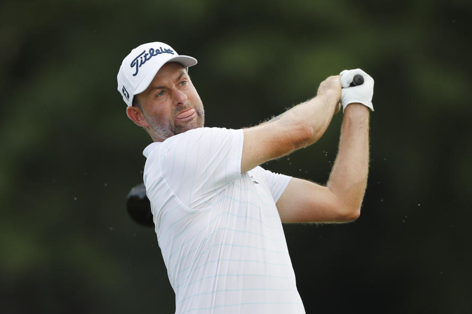 Webb Simpson drives off the 18th tee during the second round of the Rocket Mortgage Classic golf tournament, Friday, July 3, 2020, at the Detroit Golf Club in Detroit. (AP Photo/Carlos Osorio)