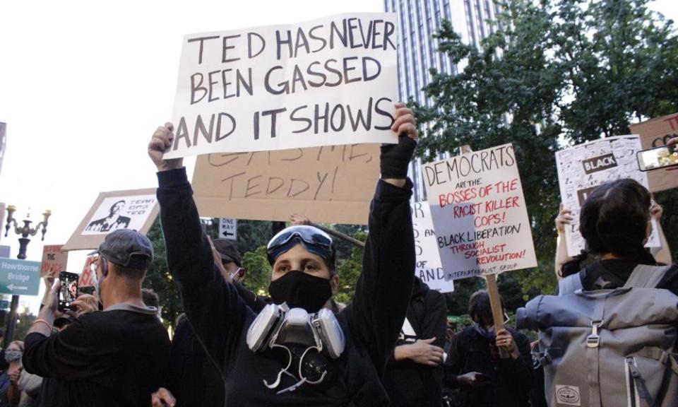 Demonstrators protest in Portland on 22 July.