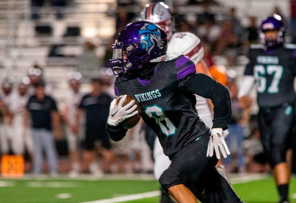 Tek Garcia, 8, of Johansen High works his way up field Friday Sept. 1, 2023 night against Bear River at Johansen.