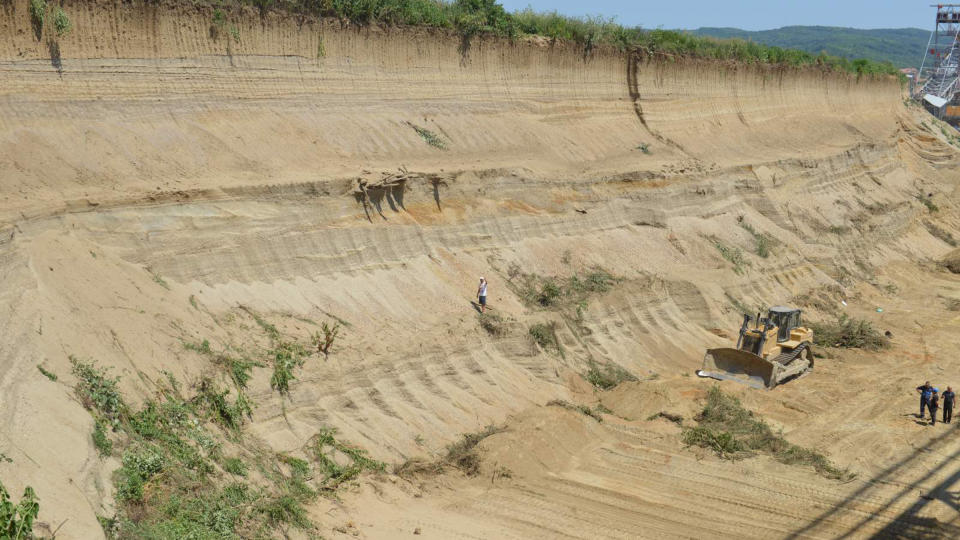 The remains were found during operations at the Drmno coal mine. They are visible here on the wall of a cutting, above the person standing near the center of the photograph.