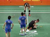 2016 Rio Olympics - Badminton - Women's Doubles Semifinals - Riocentro - Pavilion 4 - Rio de Janeiro, Brazil - 16/08/2016. Christinna Pedersen (DEN) of Denmark and Kamilla Rytter Juhl (DEN) of Denmark celebrate after winning their match against Tang Yuanting (CHN) of China and Yu Yang (CHN) of China. REUTERS/Marcelo del Pozo