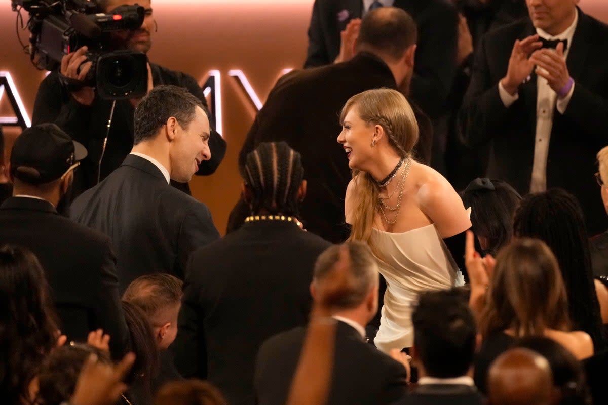 Jack Antonoff and Taylor Swift at the Grammys (AP)