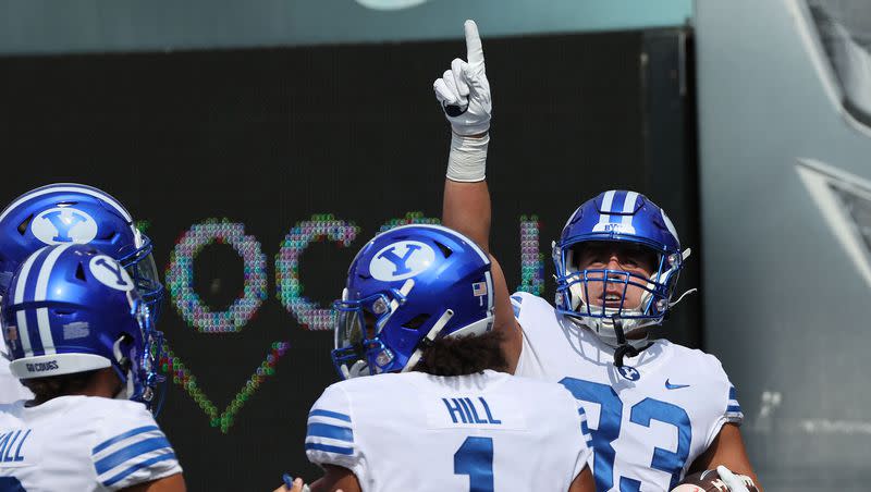 BYU tight end Isaac Rex (83) celebrates his touchdown against he Oregon Ducks at Autzen Stadium in Eugene on Saturday, Sept. 17, 2022. With receiver Kody Epps moving on, a healthy Rex will be critical in filling the void.