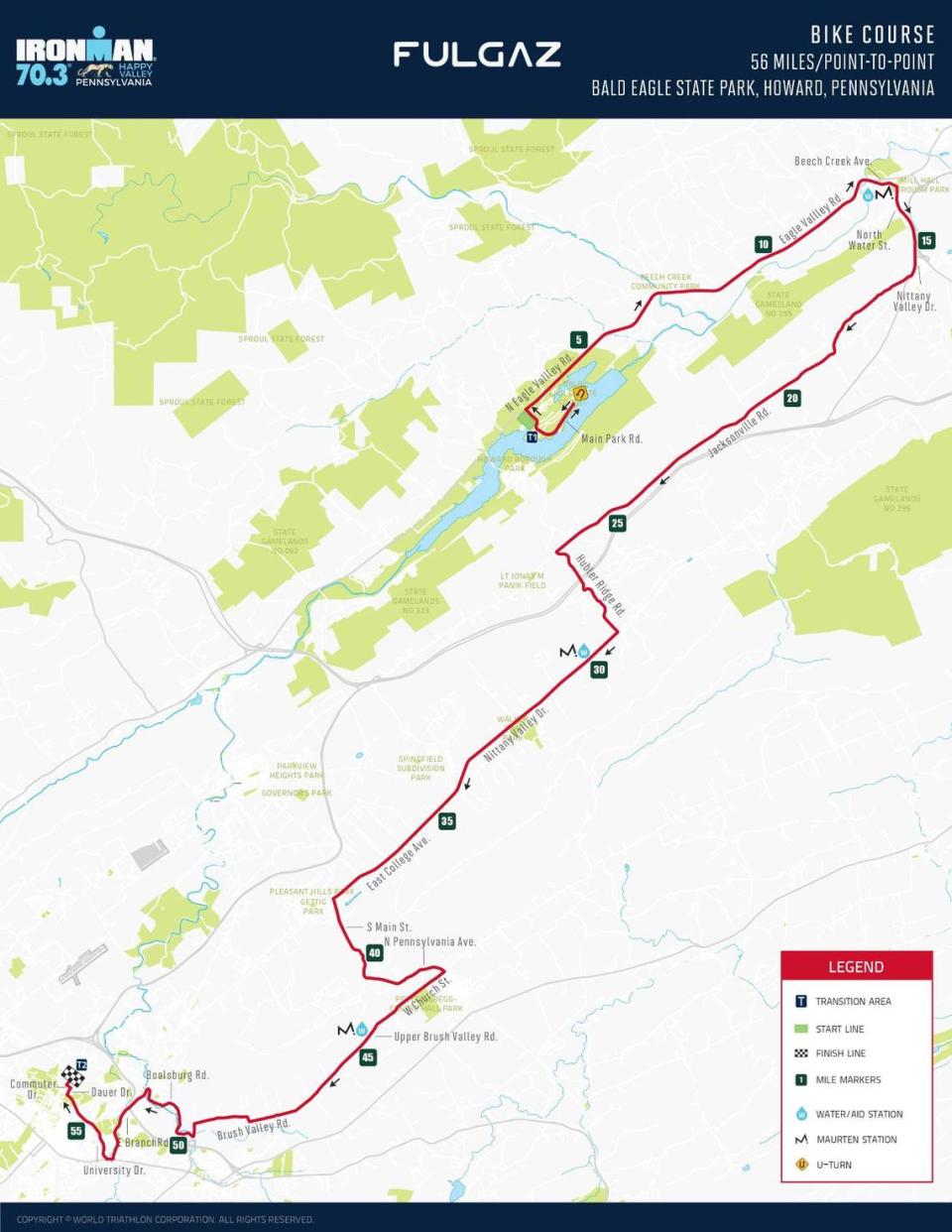 The bike route for the Ironman 70.3 Pennsylvania Happy Valley is pictured.
