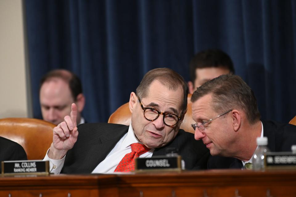 House Judiciary Committee Chairman Rep. Jerrold Nadler speaks with Ranking Member Doug Collins, R-GA, during the House Judiciary Committee markup of H.Res. 755, Articles of Impeachment Against President Donald J. Trump in Washington, DC on Dec. 12, 2019.