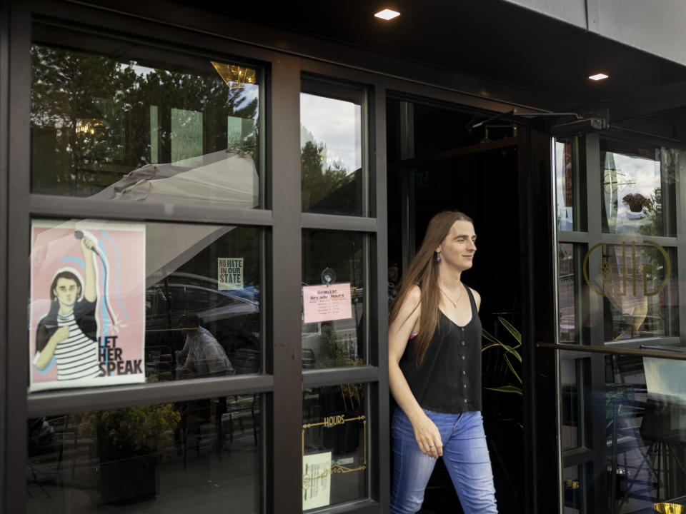 Rep. Zooey Zephyr walks out of Gild in downtown Missoula, Mont., on Aug. 9, 2023. (Rebecca Stumpf for NBC News)