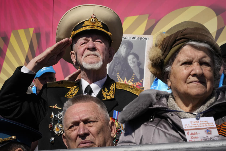 Veterans watch the Victory Day military parade at the Palace Square in St. Petersburg, Russia, Thursday, May 9, 2024, marking the 79th anniversary of the end of World War II. (AP Photo/Dmitri Lovetsky)