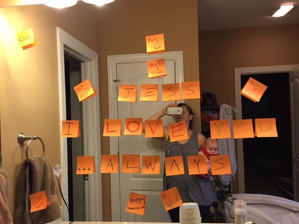 "For our wedding anniversary, he surprised me in the bathroom with a note."&nbsp;