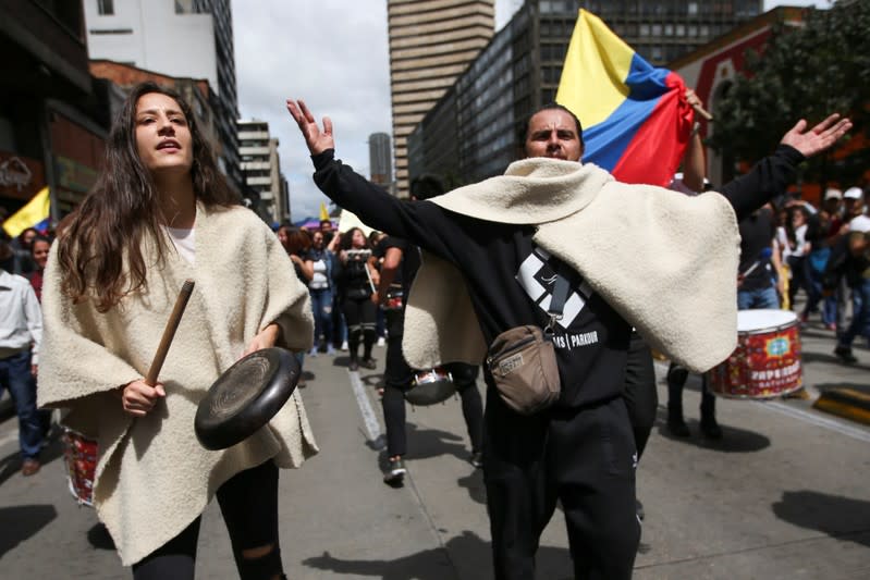 Demonstrators take part in a protest as a national strike continues in Bogota