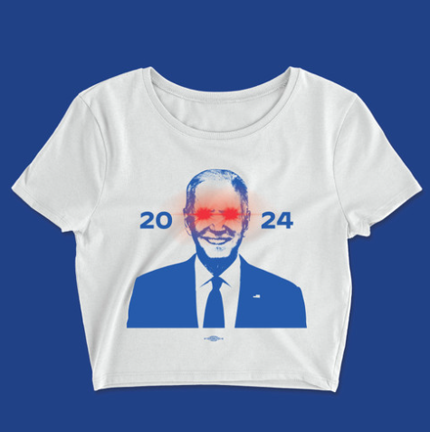 An image of a crop top with Joe Biden's face on it; his eyes are glowing red.