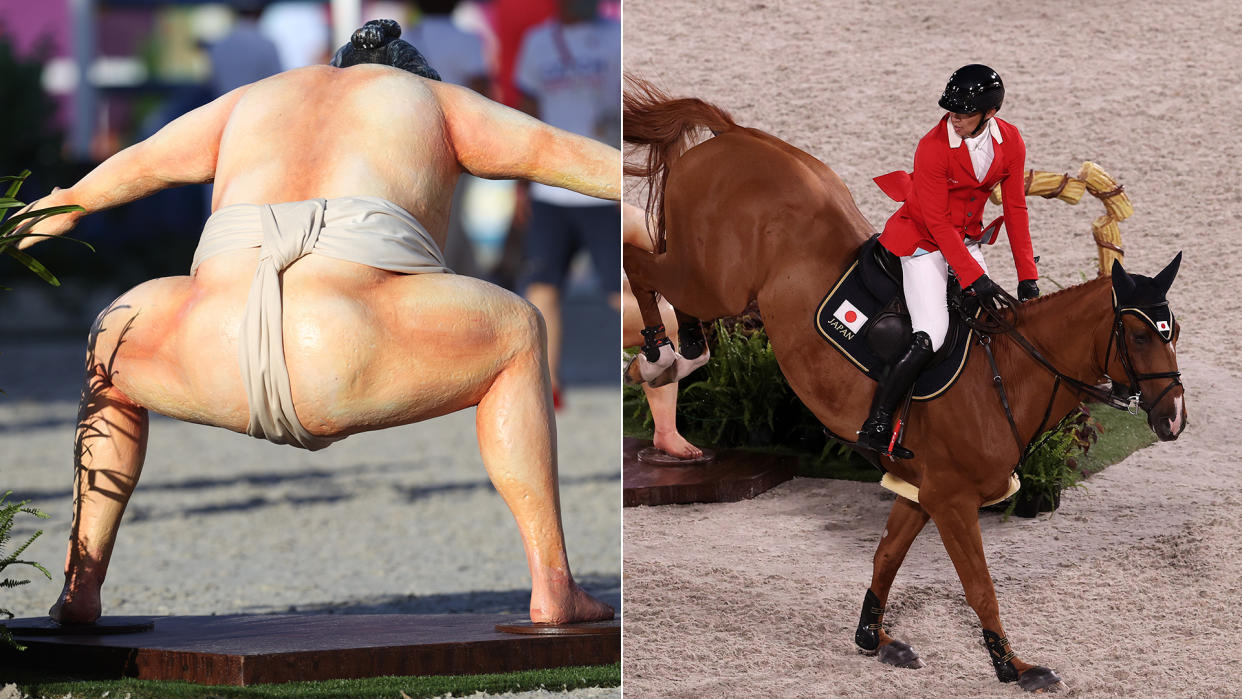 A sumo statue was apparently wreaking havoc during an equestrian event. (Photos via Getty)