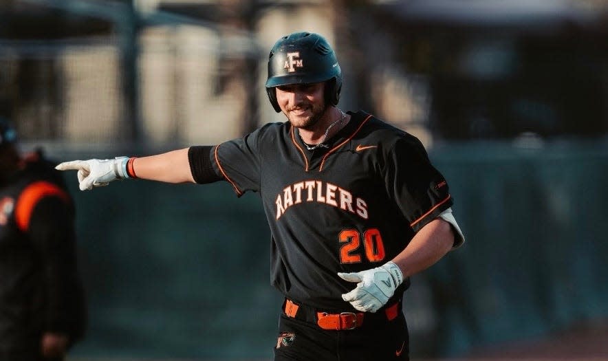 Florida A&M baseball third baseman Jared Weber (20) stands on base in Opening Day game against Eastern Illinois at Moore-Kittles Field in Tallahassee, Florida, Friday, Feb. 17, 2023