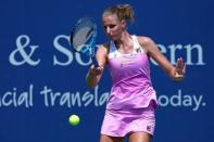 Aug 14, 2018; Mason, OH, USA; Karolina Pliskova (CZE) returns a shot against Agnieszka Radwanska (POL) in the Western and Southern tennis open at Lindner Family Tennis Center. Mandatory Credit: Aaron Doster-USA TODAY Sports