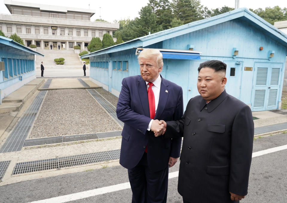 U.S. President Donald Trump meets with North Korean leader Kim Jong Un at the demilitarized zone separating the two Koreas, in Panmunjom, South Korea, June 30, 2019. / Credit: KEVIN LAMARQUE / REUTERS