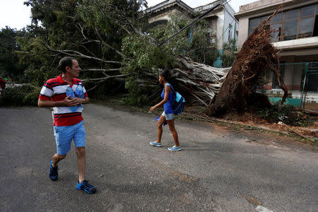 People walk near an uprooted tree after Hurricane Irma caused flooding and a blackout, in Havana, Cuba September 11, 2017. REUTERS/Stringer