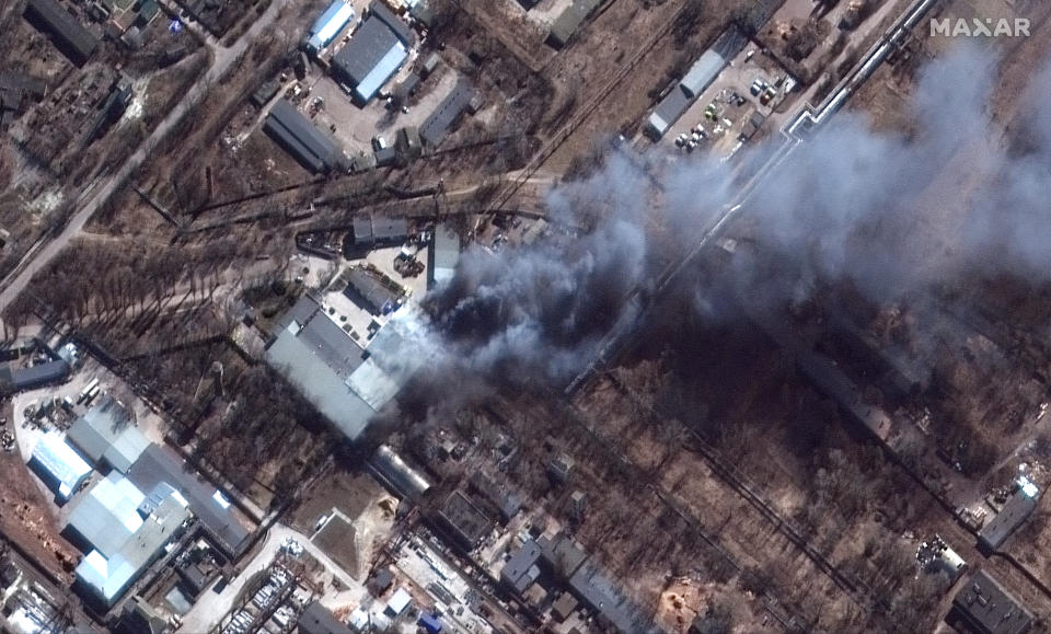 This satellite image provided by Maxar Technologies shows a closeup view of fires in an industrial area and nearby fields in southern Chernihiv, Ukraine, during the Russian invasion, Thursday, March 10, 2022. (Satellite image ©2022 Maxar Technologies via AP)