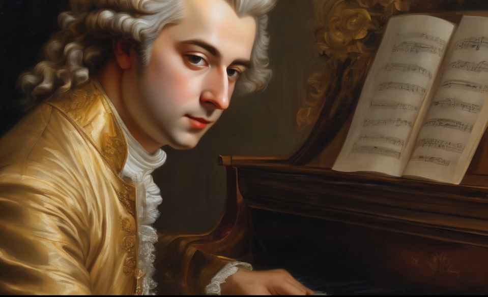 Wolfgang Amadeus Mozart (1756-1791), as seen in a painting on a Sound Conservatory video.