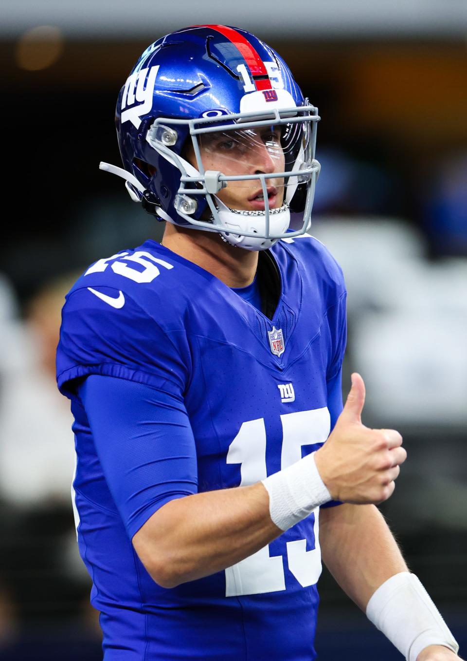 Nov 12, 2023; Arlington, Texas, USA; New York Giants quarterback Tommy DeVito (15) reacts before the game against the Dallas Cowboys at AT&T Stadium. Mandatory Credit: Kevin Jairaj-USA TODAY Sports