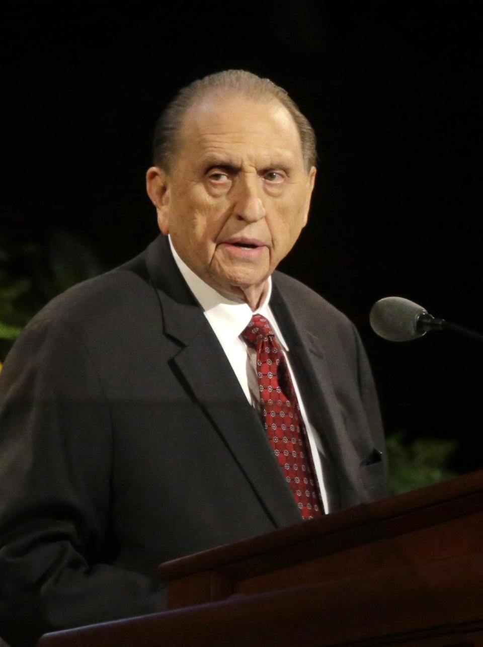 President Thomas S. Monson of The Church of Jesus Christ of Latter-day Saints addresses the 184th Annual General Conference of The Church of Jesus Christ of Latter-day Saints Saturday, April 5, 2014, in Salt Lake City. More than 100,000 Latter-day Saints are expected in Salt Lake City this weekend for the church's biannual general conference. Leaders of The Church of Jesus Christ of Latter-day Saints give carefully crafted speeches aimed at providing members with guidance and inspiration in five sessions that span Saturday and Sunday. They also make announcements about church statistics, new temples or initiatives. In addition to those filling up the 21,000-seat conference center during the sessions, thousands more listen or watch around the world in 95 languages on television, radio, satellite and Internet broadcasts. (AP Photo/Rick Bowmer)