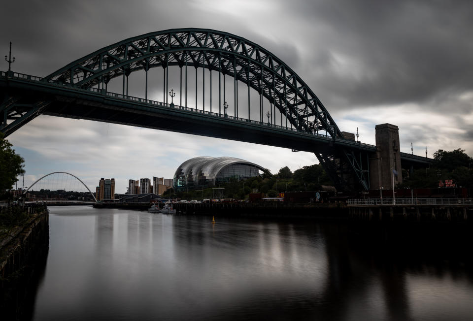 General view of Tyne Bridge, Sage Gateshead and Gateshead Millennium Bridge in Newcastle