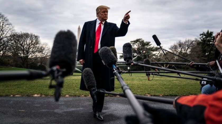 President Donald Trump stops to talk to reporters and members of the media as he walks to Marine One to depart from the South Lawn at the White House on Friday, March 22, 2019. MUST CREDIT: Washington Post photo by Jabin Botsford ** Usable by LA, BS, CT, DP, FL, HC, MC, OS, SD, CGT and CCT **