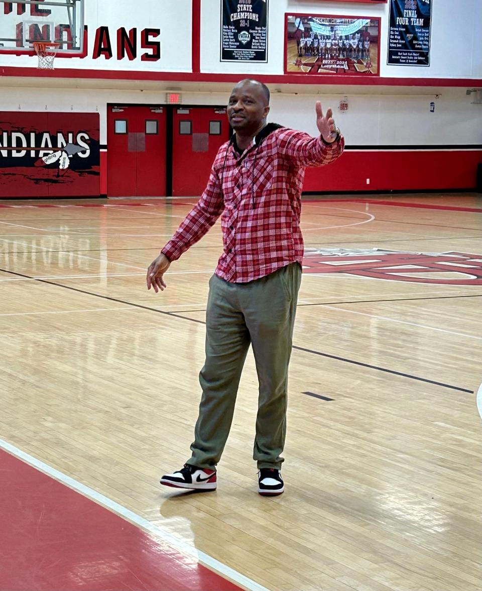 James Dawson speaks to the crowd after being introduced as the next boys basketball head coach at Vero Beach High School on Tuesday, March 26, 2024 at John B. Witt Gym.