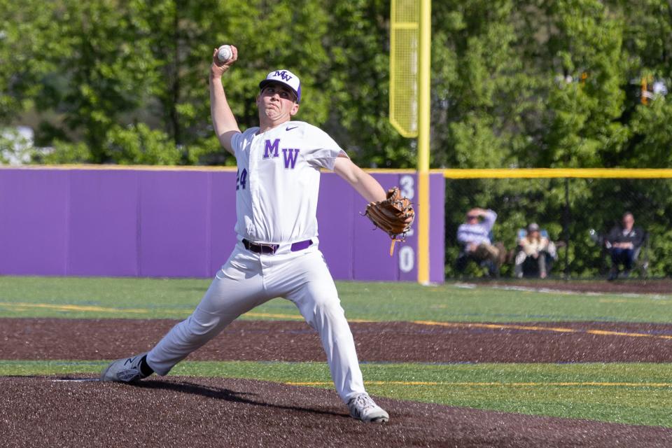 Monroe's Owen White pitches in a Newburgh vs Monroe-Woodbury baseball game in Central Valley, NY on May 12, 2022. ALLYSE PULLIAM/For the Times Herald-Record.