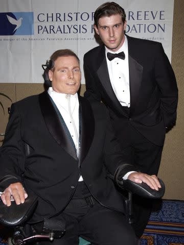 <p>Kevin Mazur/WireImage</p> Christopher Reeve and son Matthew Reeve in September 2002.