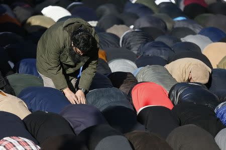 Muslim demonstrators pray during a protest against the publication of cartoons depicting the Prophet Mohammad in French satirical weekly Charlie Hebdo, near Downing Street in central London February 8, 2015. REUTERS/Stefan Wermuth