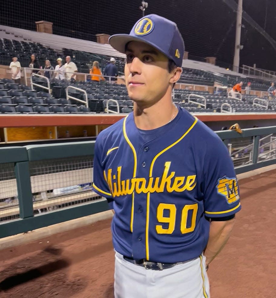 Milwaukee Brewers prospect Sal Frelick speaks with reporters after picking up two hits and two RBI in an exhibition game against the San Francisco Giants on March 21, 2022, in Scottsdale, Arizona.