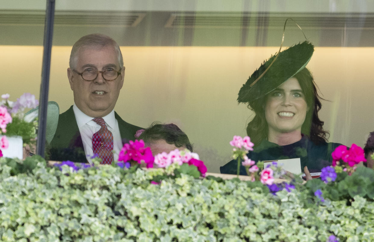 ASCOT, ENGLAND - JUNE 20: Prince Andrew, Duke of York and Princess Eugenie on day three, Ladies Day, of Royal Ascot at Ascot Racecourse on June 20, 2019 in Ascot, England. (Photo by Mark Cuthbert/UK Press via Getty Images)