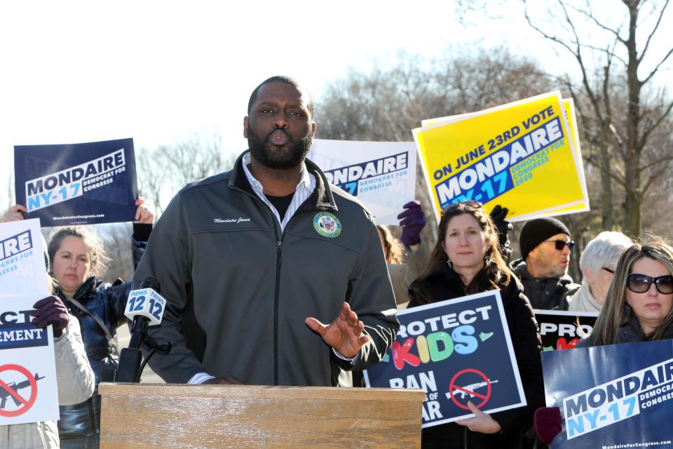 Former Rep. Mondaire Jones holds a press conference outside the Pearl River office of Rep. Mike Lawler to denounce House Republicans' impeachment inquiry into President Joe Biden, Dec. 20, 2023.