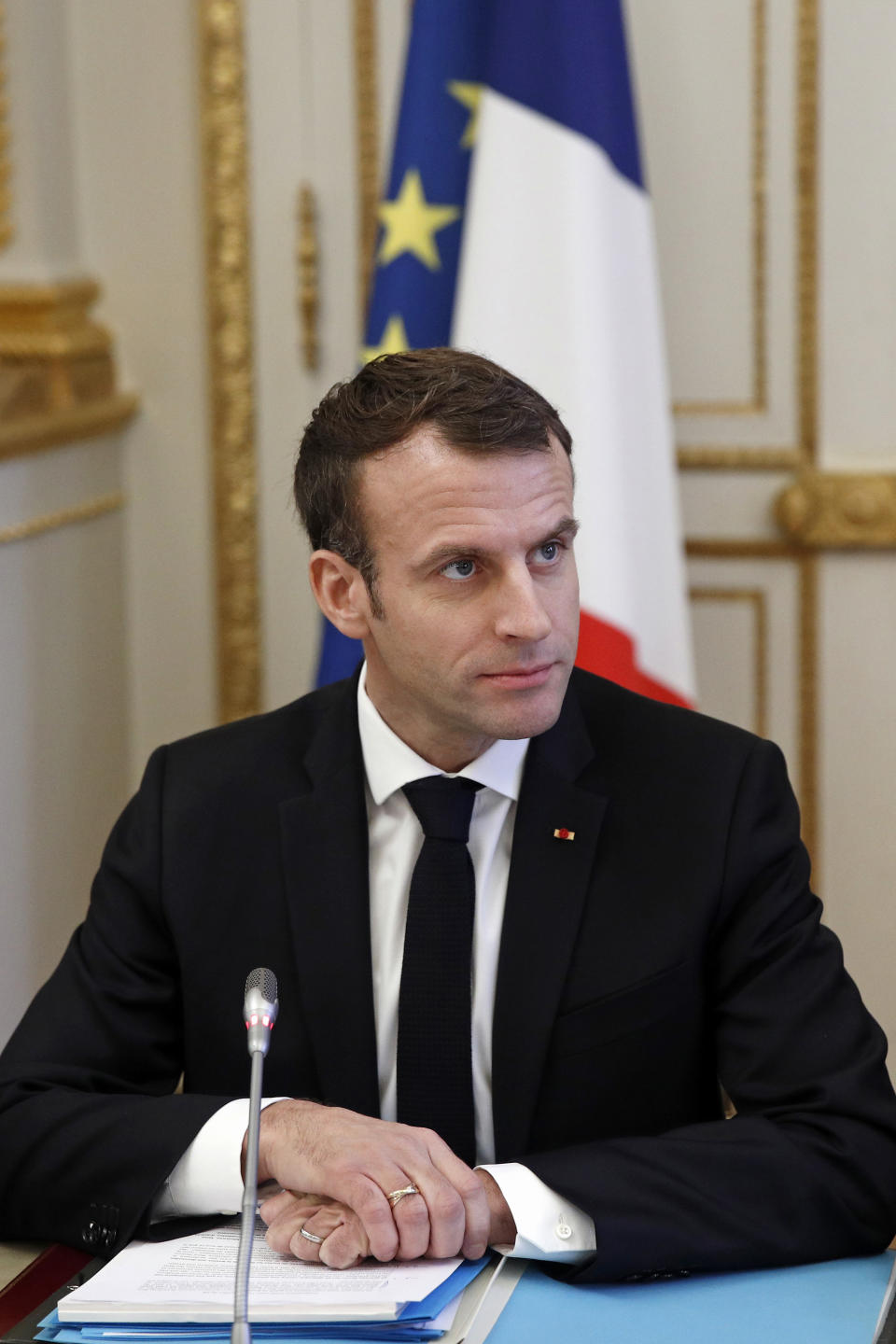 French President Emmanuel Macron meets with representatives of trade unions, employers' organizations and local elected officials at the Elysee Palace in Paris, Monday, Dec.10 2018. Macron is preparing to speak to the nation Monday at last, after increasingly violent and radicalized protests against his leadership and a long silence that aggravated the anger. (Yoan Valat, Pool via AP)