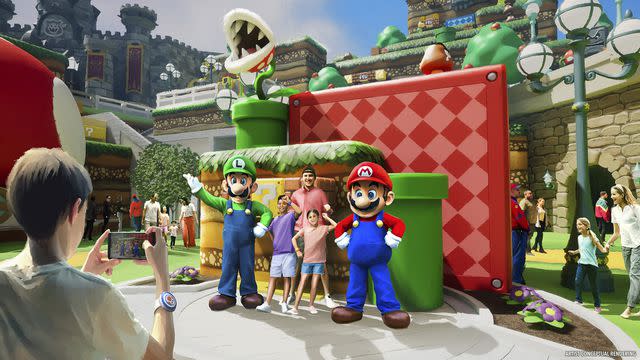 <p>Universal Orlando Resort</p> Luigi and Mario meet and greet at Super Nintendo World in Universal Epic Universe
