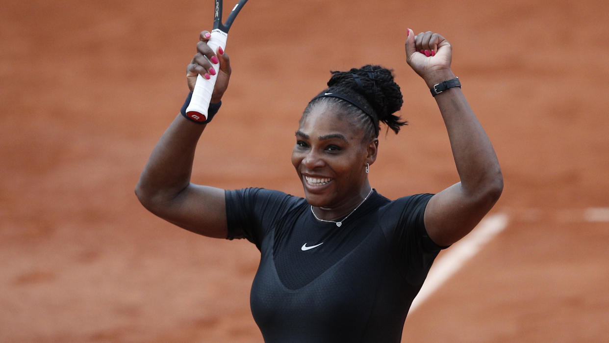 Serena Williams of the U.S. celebrates winning her third round match against Germany’s Julia Georges of the French Open tennis tournament at the Roland Garros stadium in Paris, France, Saturday, June 2, 2018. (AP Photo/Christophe Ena )