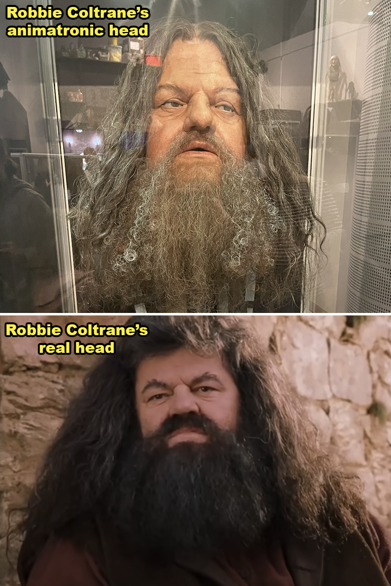 A comparison of Robbie Coltrane's animatronic head against his real head as Hagrid