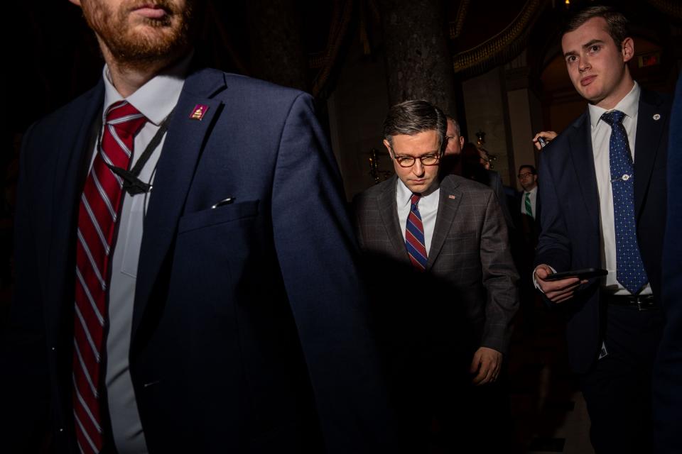 Speaker of the House Mike Johnson, R-La., returns to his office from the House Chamber follow the last votes of the day at the U.S. Capitol on April 18, 2024 in Washington, DC.