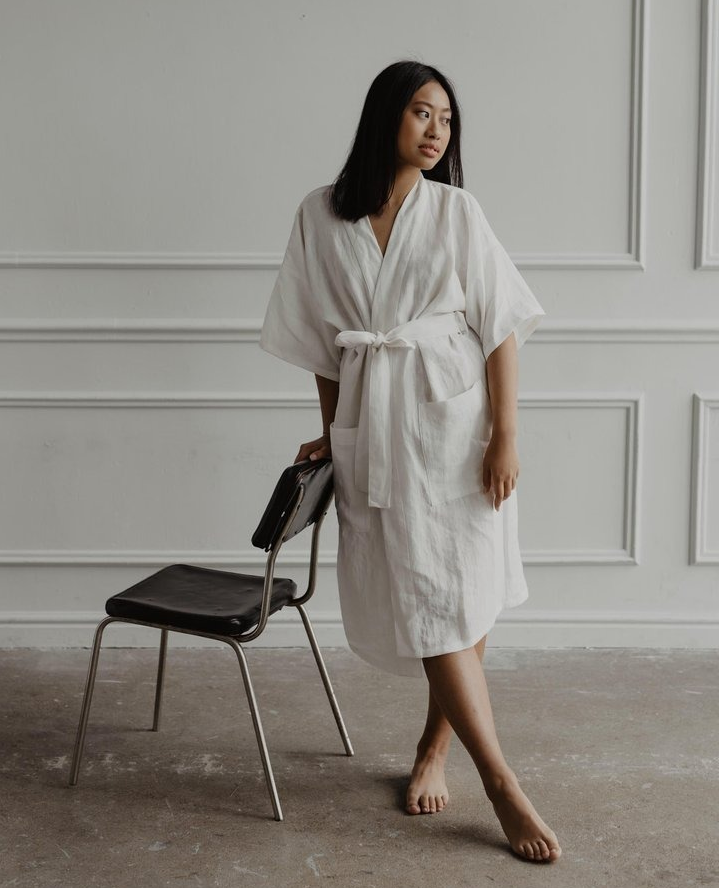 model wearing the white bathrobe