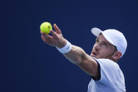 Nicolas Jarry, of Chile, serves to Casper Ruud, of Norway, in their men's singles fourth round match at the Miami Open tennis tournament, Tuesday, March 26, 2024, in Miami Gardens, Fla. (AP Photo/Rebecca Blackwell)