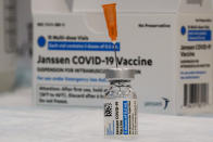 FILE - In this April 8, 2021 file photo, the Johnson & Johnson COVID-19 vaccine is seen at a pop up vaccination site in the Staten Island borough of New York. The U.S. Food and Drug Administration is allowing the problem-plagued factory of contract manufacturer Emergent BioSolutions to resume production of COVID-19 vaccine bulk substance to resume, the company said Thursday, July 29. The Baltimore factory was shut down by the FDA in mid-April due to contamination problems that forced the company to trash the equivalent of tens of millions of doses of vaccine it was making under contract for Johnson & Johnson. (AP Photo/Mary Altaffer, File)