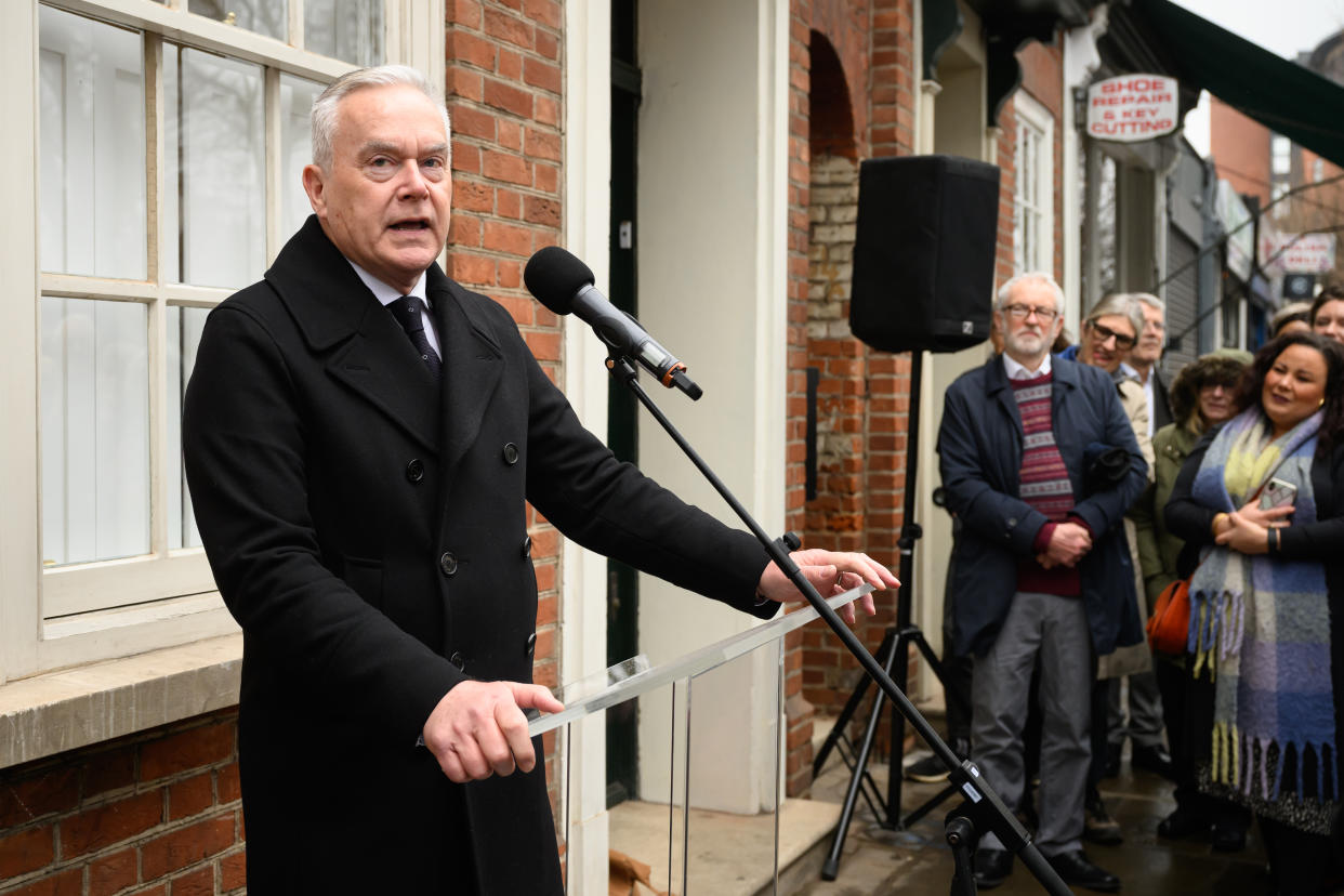 LONDON, ENGLAND - FEBRUARY 22: Broadcaster Huw Edwards makes a speech before unveiling a blue plaque for 18th-century polymath Richard Price on February 22, 2023 in London, England. Price was born in Llangeinor, Wales, in 1723 but spent most of his adult life as minister of Newington Green Unitarian Church. He edited, published and developed the Bayes–Price theorem and the field of actuarial science. He also wrote on issues of demography and finance, and was a Fellow of the Royal Society. (Photo by Leon Neal/Getty Images)