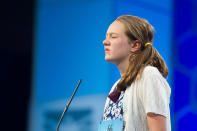 <p>Sheridan Hennessy, 11, from Cincinnati, Ohio, correctly spells her word during the 90th Scripps National Spelling Bee in Oxon Hill, Md., Wednesday, May 31, 2017. (AP Photo/Cliff Owen) </p>