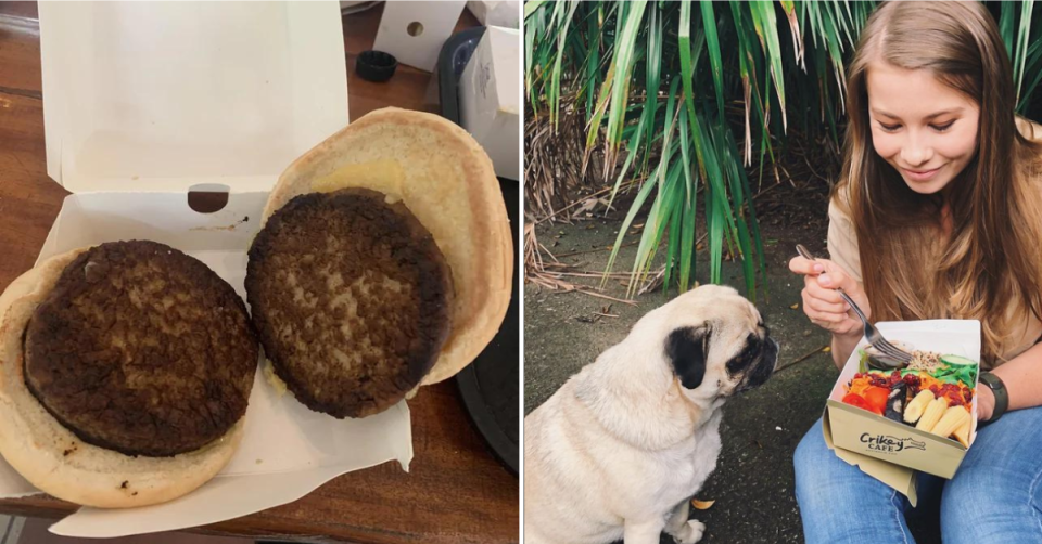 Burger from Australia Zoo; Bindi Irwin eating food from Crikey Café