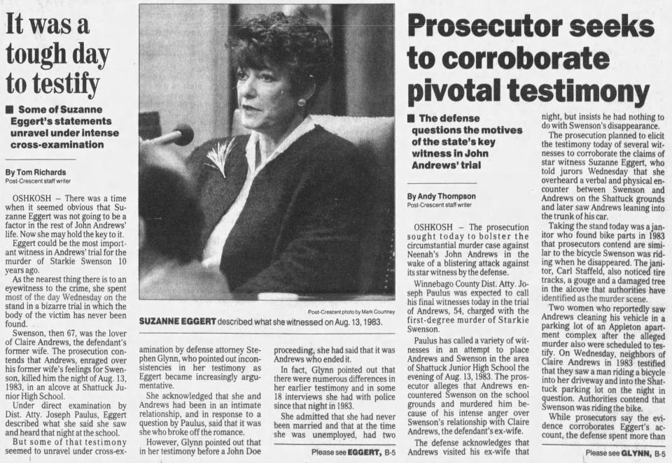The March 17, 1994, edition of The Post-Crescent covers the testimony of witness Suzanne Eggert in the murder trial of John Andrews.