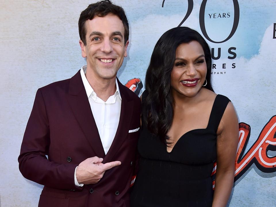 bj novak posing with mindy kaling at the premiere of vengeance in 2022