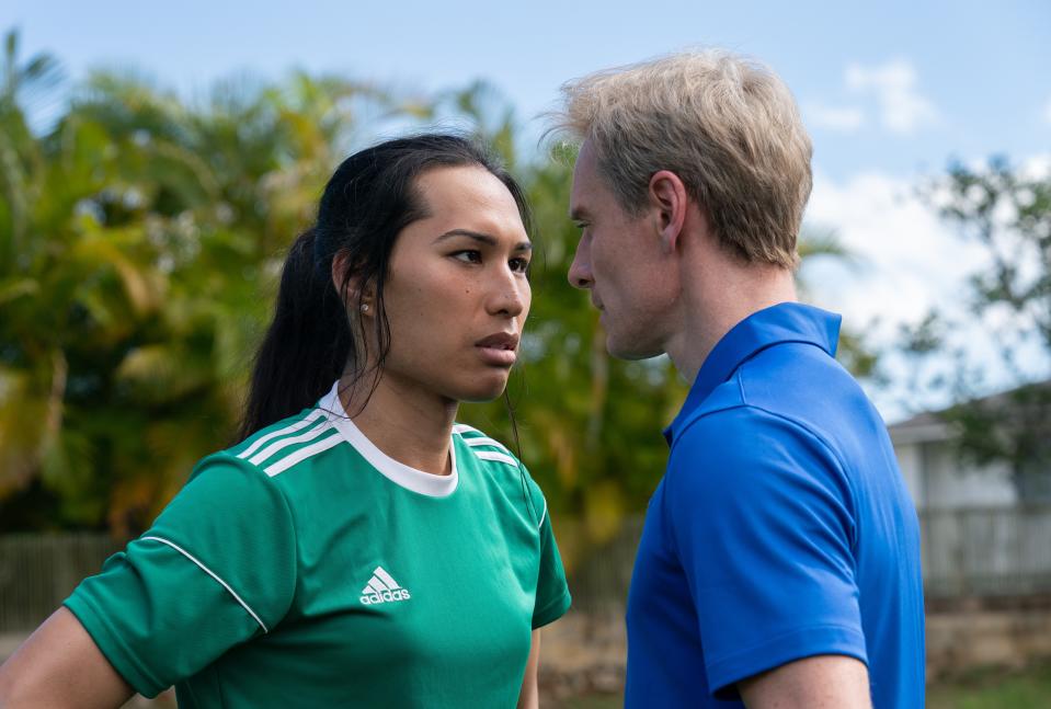 Kaimana playing Jaiyah Saelua, opposite Michael Fassbender as Thomas Rongen, in a still from the film Next Goal Wins.