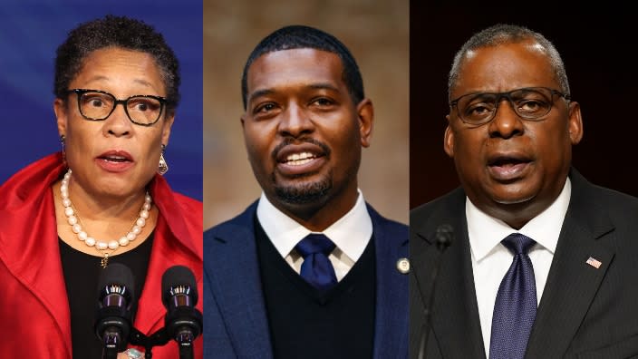 Left to right: HUD Secretary Marcia Fudge, Defense Secretary Lloyd Austin, Environmental Protection Agency Administrator Michael Regan. (Photo: Getty Images)