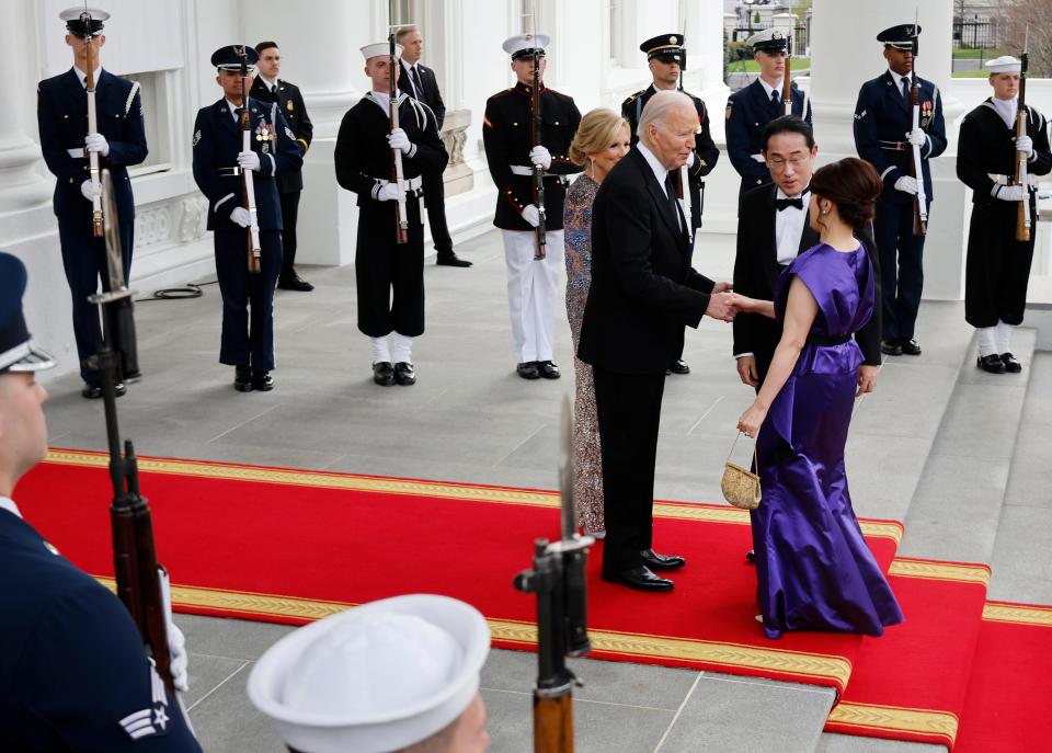 U.S. President Joe Biden and First Lady Jill Biden welcome Japanese Prime Minister Fumio Kishida and his wife Yuko Kishida to the White House for a state dinner on April 10, 2024, in Washington, DC. Biden welcomed Prime Minister Kishida for an official state visit, as the two leaders discussed strengthening their military partnership and announced new agreements on technology as they look to defend against Chinese aggression in the region.