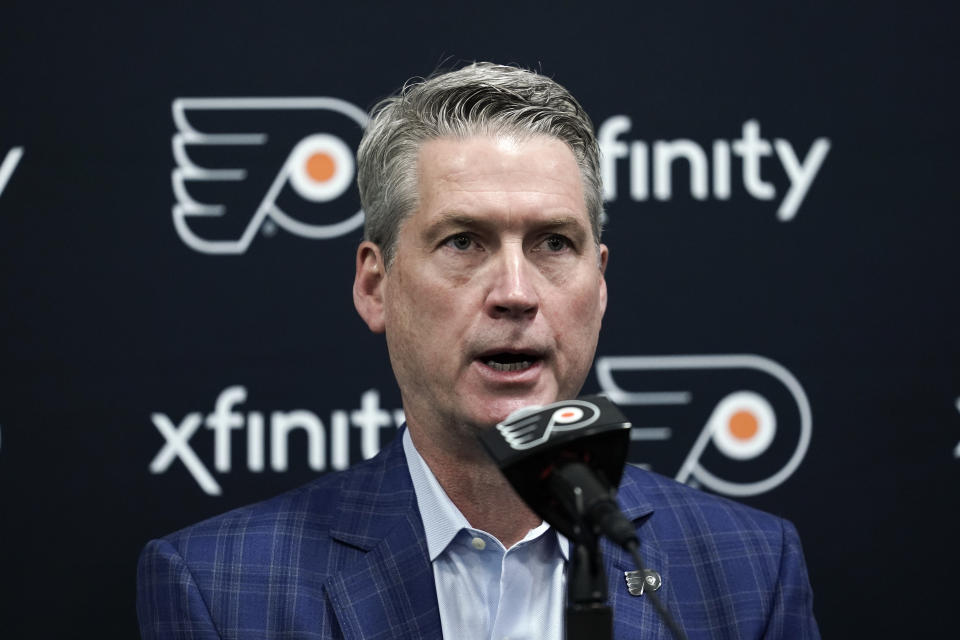 Philadelphia Flyers general manager Chuck Fletcher speaks during a news conference at the team's NHL hockey practice facility, Wednesday, Jan. 26, 2022, in Voorhees, N.J. The Flyers have lost a team-record 13 straight games.(AP Photo/Matt Rourke)